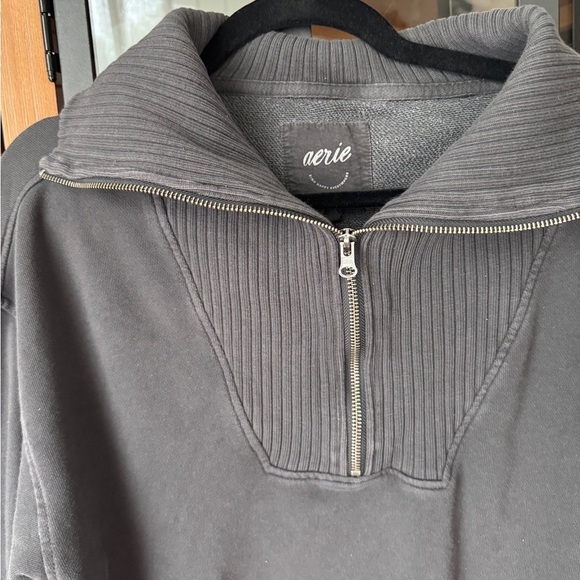 Aerie Down To Earth half zipper pullover sweatshirt ribbed charcoal oversized - Picture 4 of 8